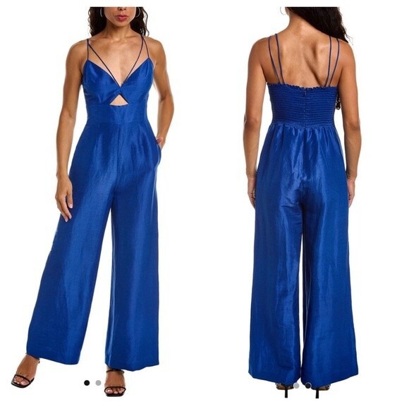 Sachim & Babi Arden Jumpsuit Royal Blue Linen Silk Blend V-Neck Wide Leg NWT 4 - Picture 3 of 8